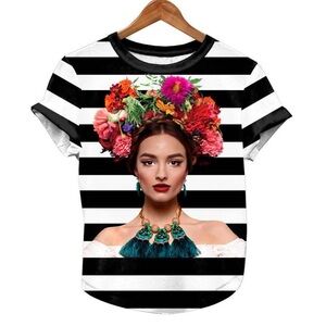 Black and White  Frida Kahlo Floral Punk  Striped Tee Shirt Top Face Portrait